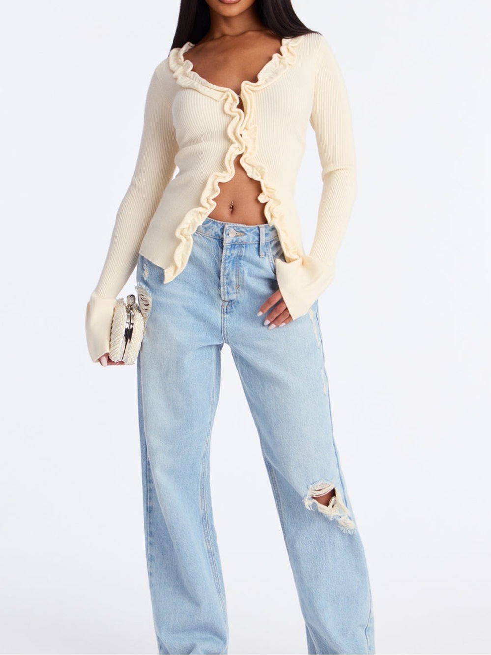 Fashion Nova Cream Ruffle-Trim Ribbed Cardigan